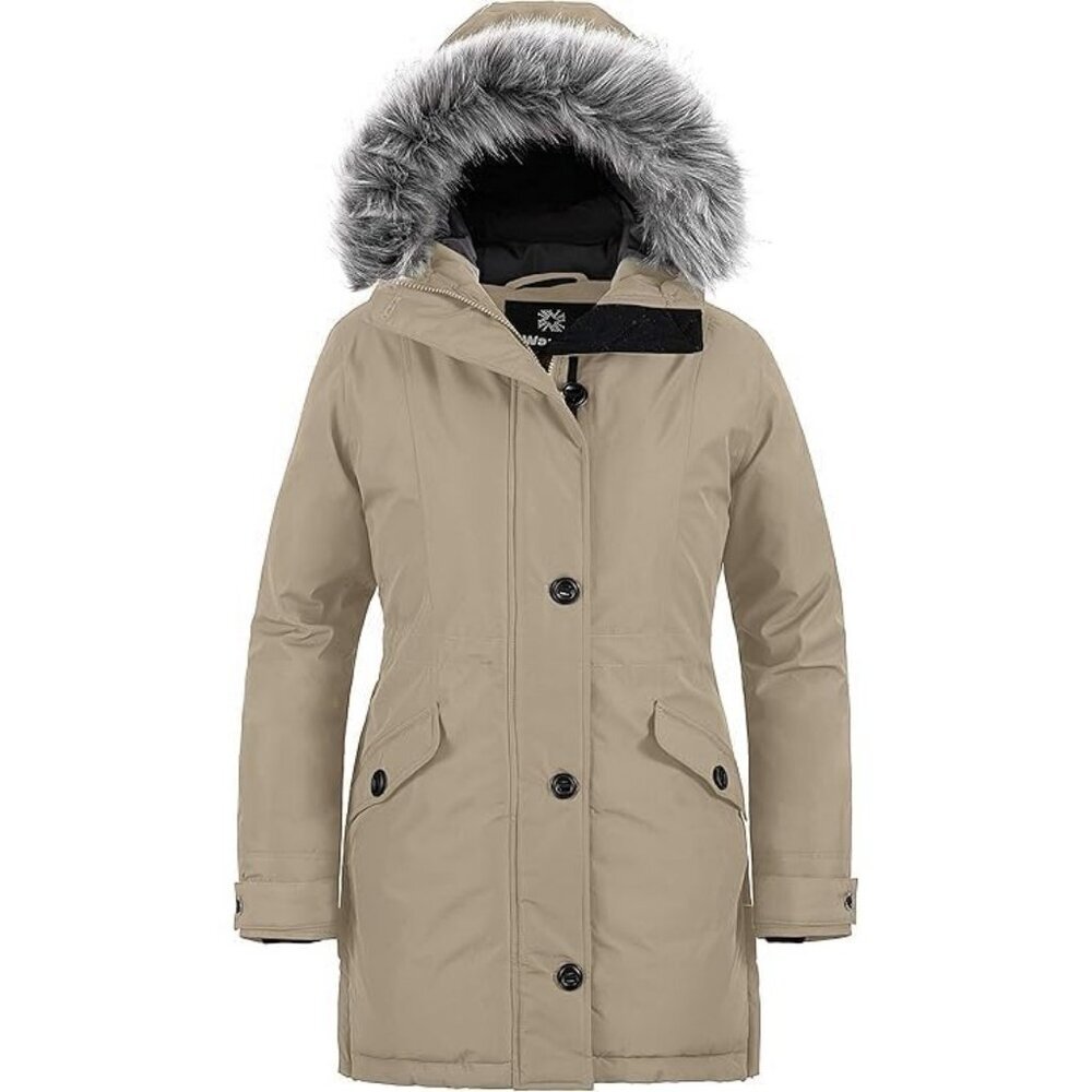 Women's Fashion Faux Dark Khaki Puffer Jacket Hood Coat Winter Warm Duty Zipper